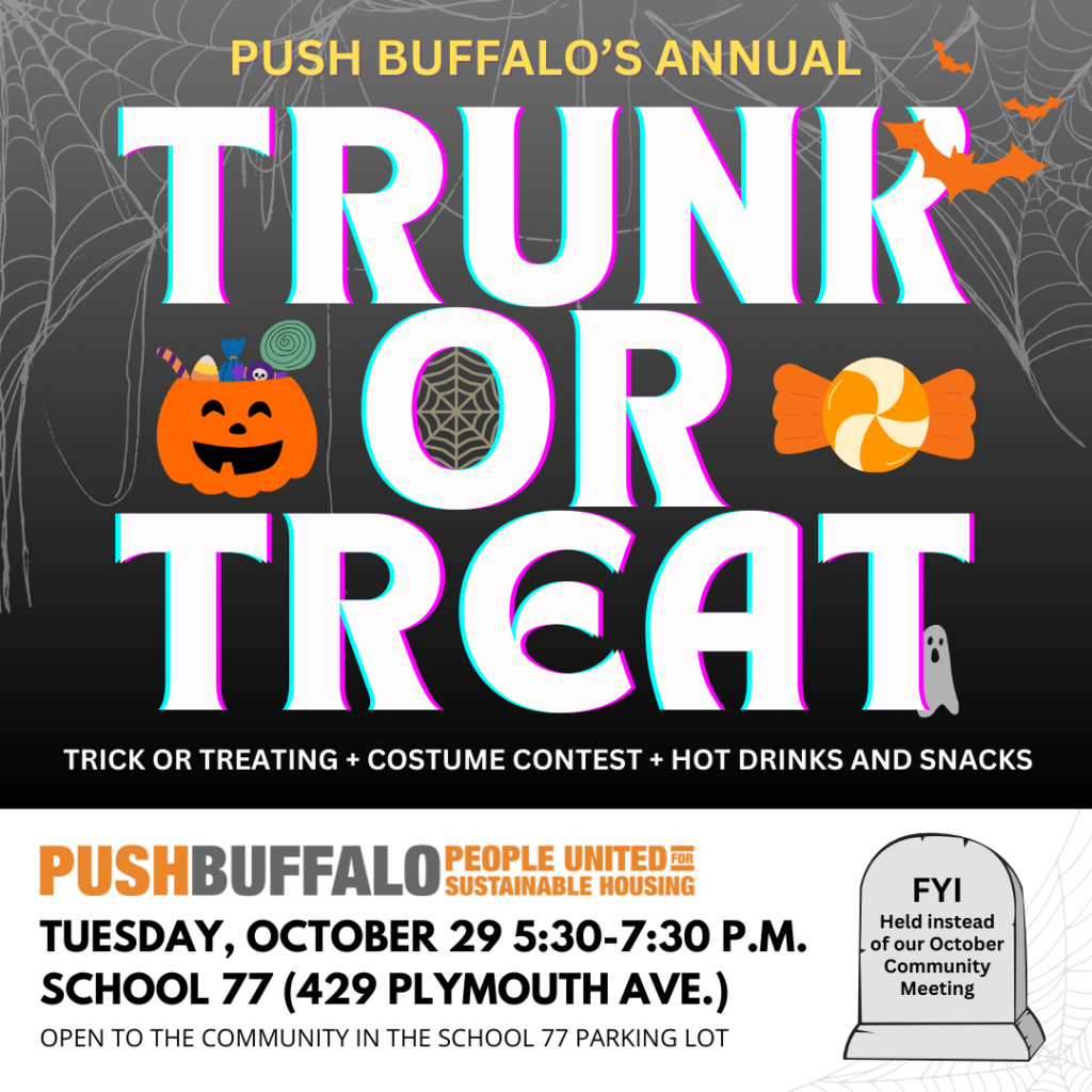 Event poster for PUSH Buffalo's annual Trunk or Treat. Includes event details and graphics of a pumpkin, ghost, and candy.